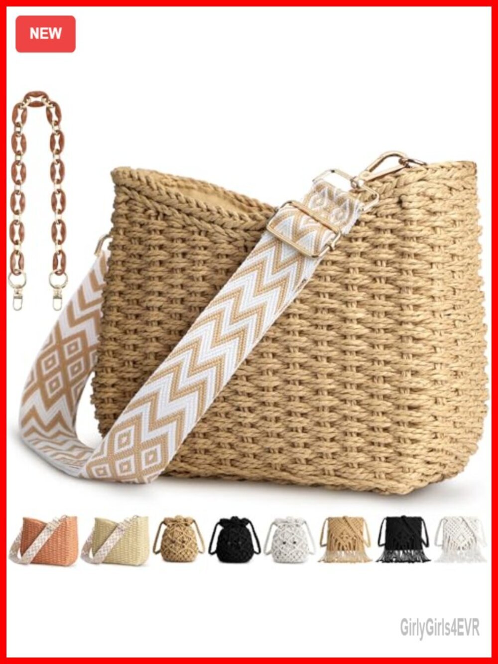 Natural Straw Woven Hobo Tote Crossbody Bag with Chain Strap